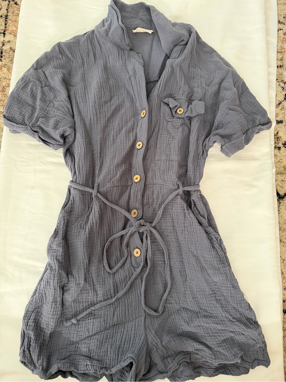 Crinkled Button-Front Romper in Slate Blue